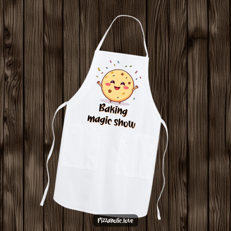 Funny apron adorned with a smiling, round cookie with a grin, juggling sprinkles, bringing sweet fun to the kitchen.
