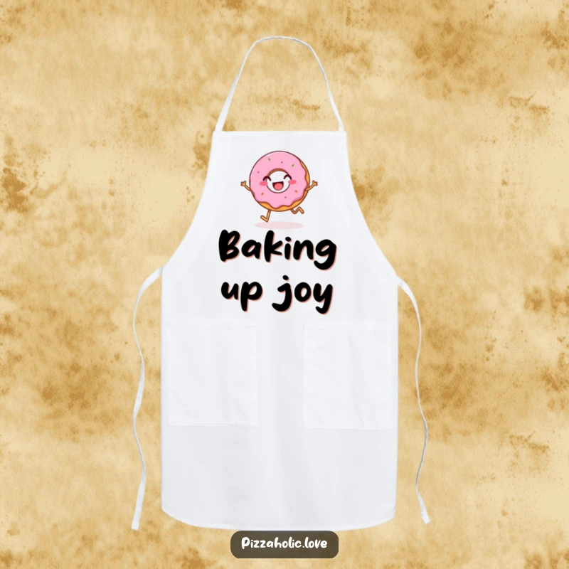 Funny apron adorned with a bubbly, happy donut with a grin, hopping merrily, adding a playful touch to cooking.