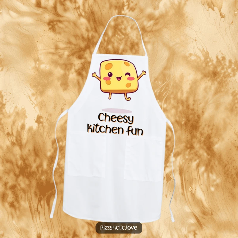 Funny cheese apron showing a bubbly cartoon cheese piece with legs jumping happily, ready to protect your clothes with cheesy humor.