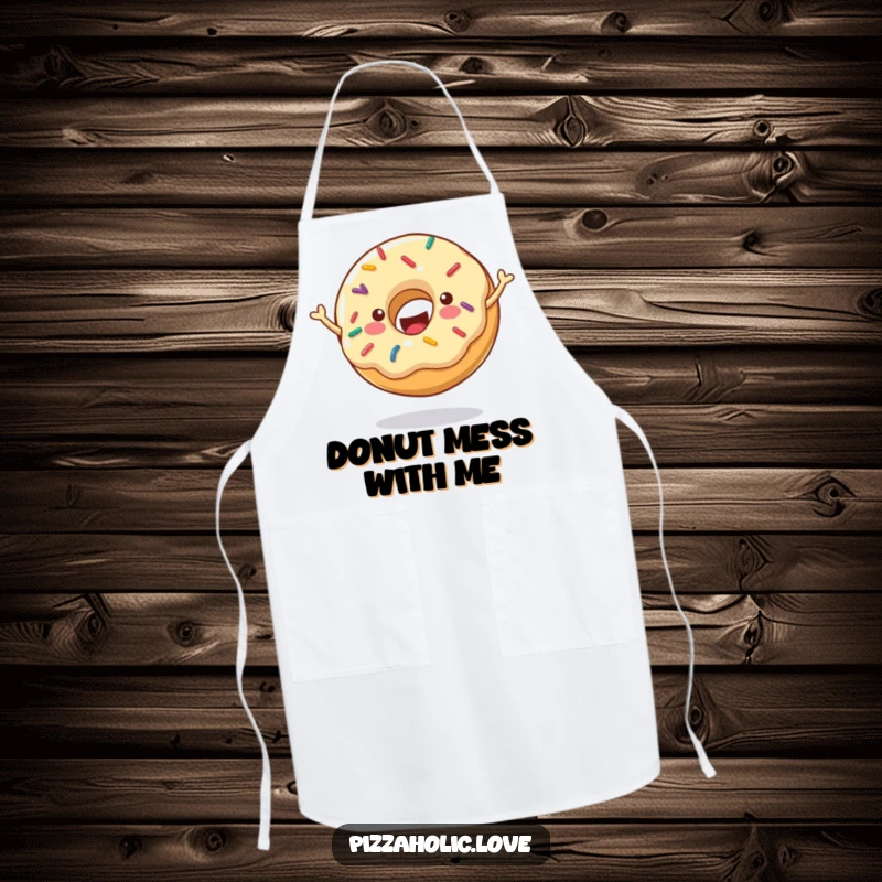 Funny Cheerful Donut Apron: Donut with sprinkles bouncing energetically, perfect for baking fun, funny gift.