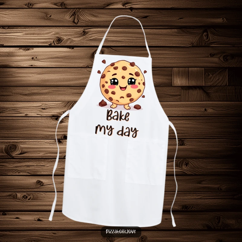 Funny Cookie Juggling Apron: Cookie with a cheesy grin juggling chocolate chips, perfect for baking fun, funny gift.