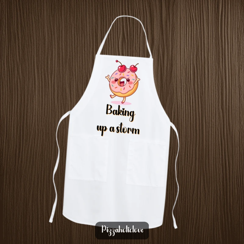 Funny donut apron with a happy character dancing gleefully and tossing a cherry.