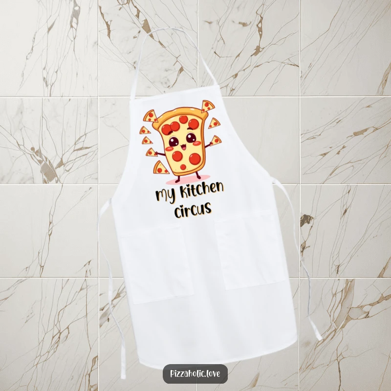 Funny pizza apron showing a pepperoni pizza slice with cartoon eyes juggling small pizzas, adding a playful touch to kitchen duties.