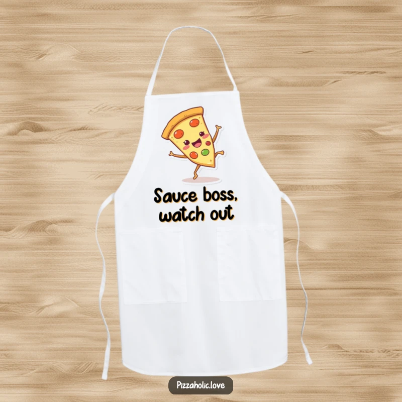 Funny Pizza Cartwheel Apron: Smiling pizza slice with tiny legs doing a cartwheel, perfect for kitchen fun, funny gift.