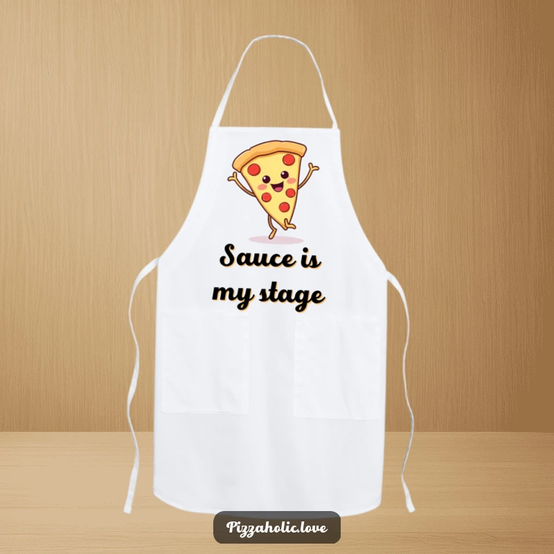 Funny pizza apron featuring a smiling pizza slice with wiggly legs performing a fun happy dance while cooking, making kitchen tasks enjoyable.