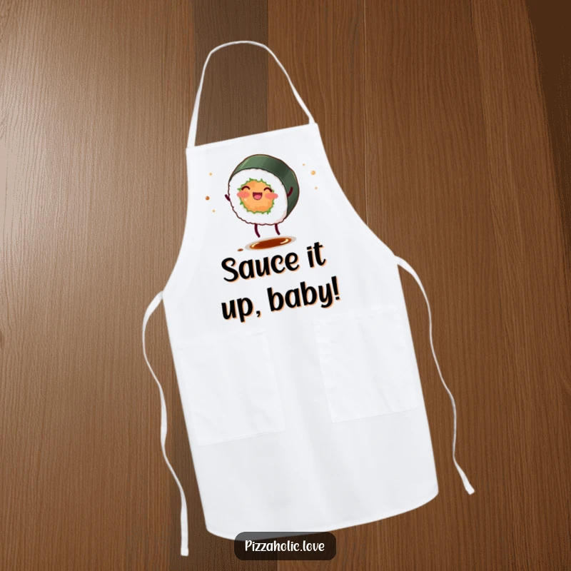 Funny sushi roll apron with a happy character doing a cartwheel and scattering soy sauce.