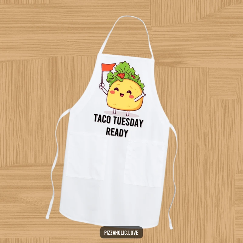Funny Taco Flag Apron: a cheerful taco with tiny arms waving a miniature flag made of lettuce, ready for cooking.
