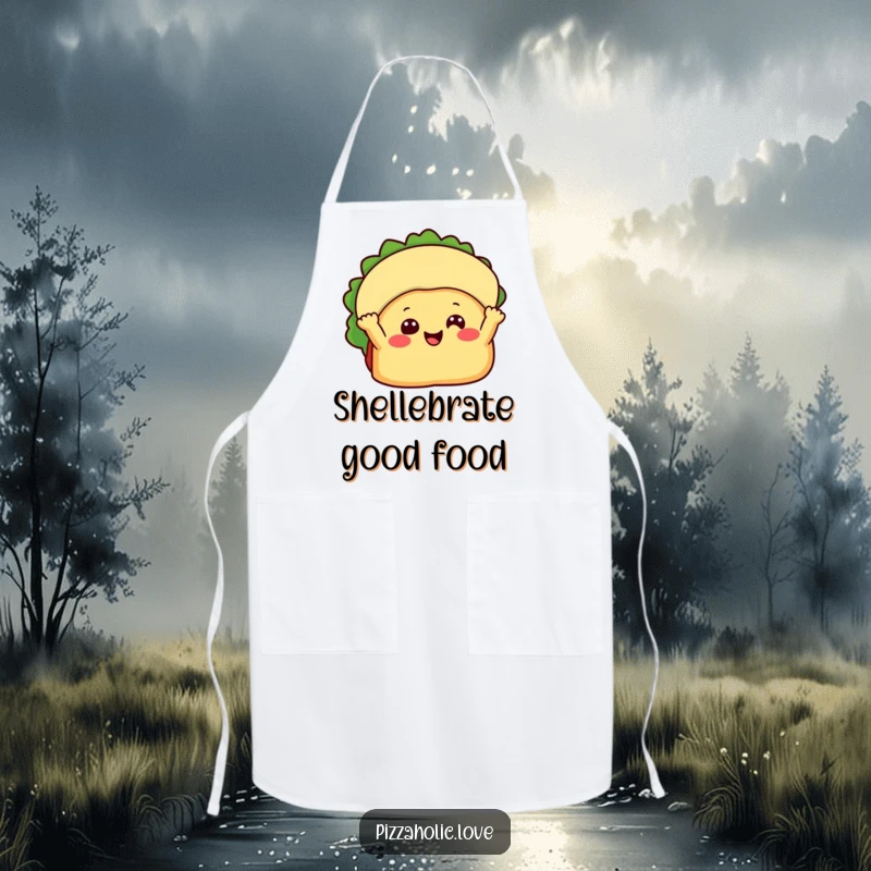 Funny Happy Taco Apron: Beaming taco with little arms waving, perfect for kitchen fiestas, funny gift.