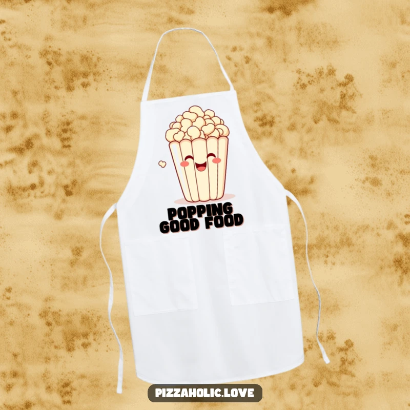 Funny apron adorned with a bubbly, happy bag of popcorn with a grin, popping with delight, bringing snack fun to the kitchen.