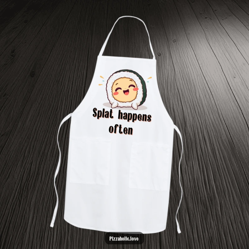 Funny sushi apron showing a smiling sushi piece in a comical pratfall, ready to protect your clothes with a side of humor.
