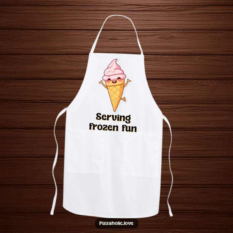 Funny apron adorned with a cheerful ice cream cone with a grin, doing a cartwheel, bringing sweet fun to the kitchen.