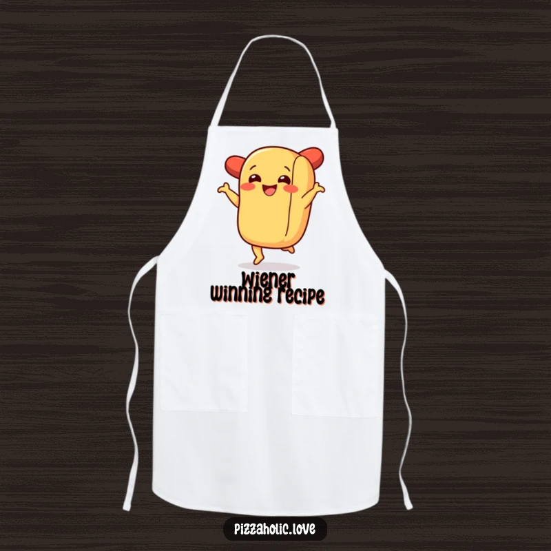 Funny apron with a smiling hot dog in a bun performing a joyous jig, for the cook who likes to have fun.