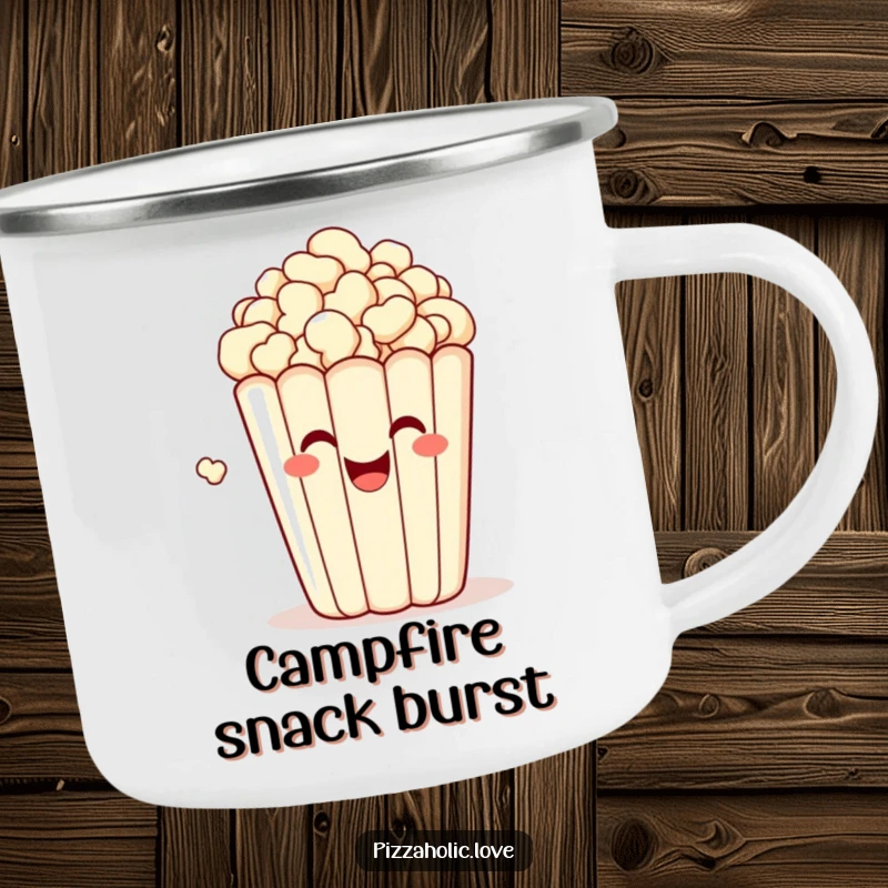 Funny camping mug featuring a bubbly, happy bag of popcorn with a grin, popping with delight, ready for outdoor enjoyment.