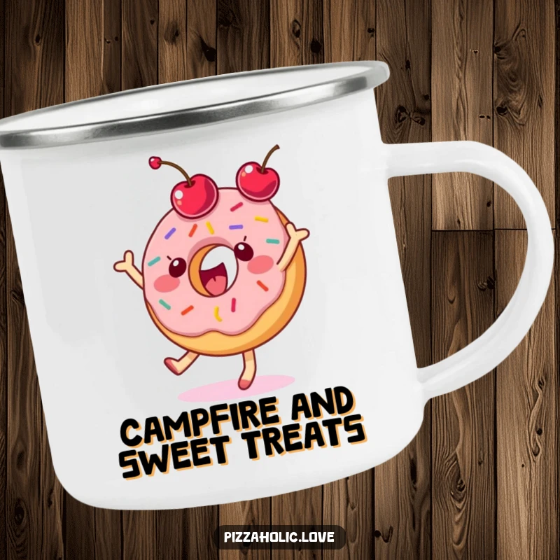 Funny donut camping mug with a happy character dancing gleefully and tossing a cherry.