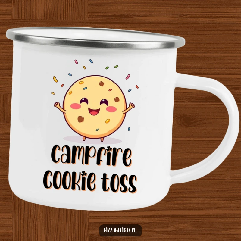 Funny camping mug featuring a smiling, round cookie with a grin, juggling sprinkles, ready for outdoor enjoyment.