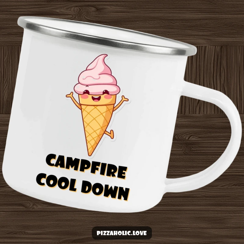 Funny camping mug featuring a cheerful ice cream cone with a grin, doing a cartwheel, ready for outdoor enjoyment.