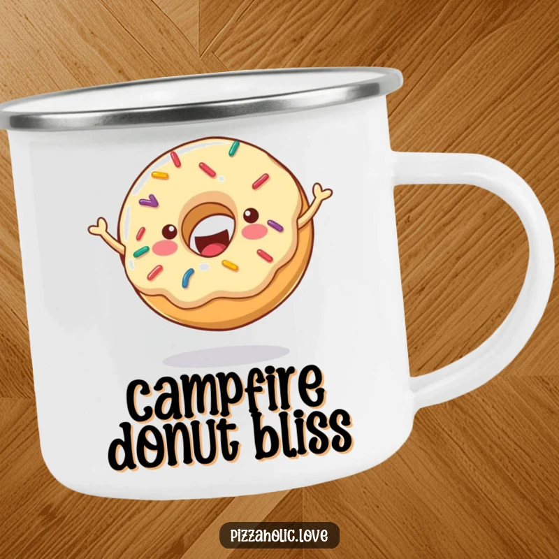 Funny Cheerful Donut Camping Mug: Happy donut with sprinkles bouncing energetically, durable for outdoor use, funny gift.