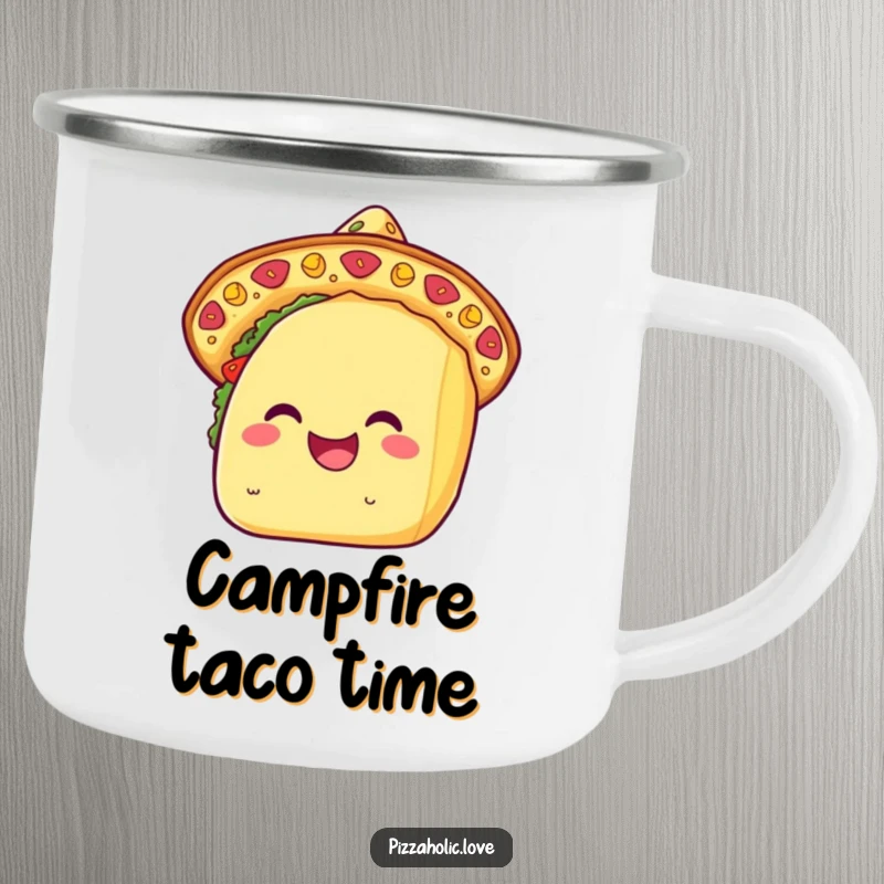 Funny kawaii taco camping mug with a smiling taco wearing a cheese sombrero, ready for outdoor fun and delicious drinks.