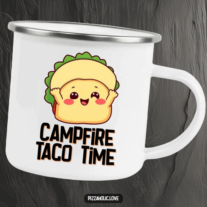 Funny Happy Taco Camping Mug: Beaming taco with little arms waving, durable for outdoor use, funny gift.