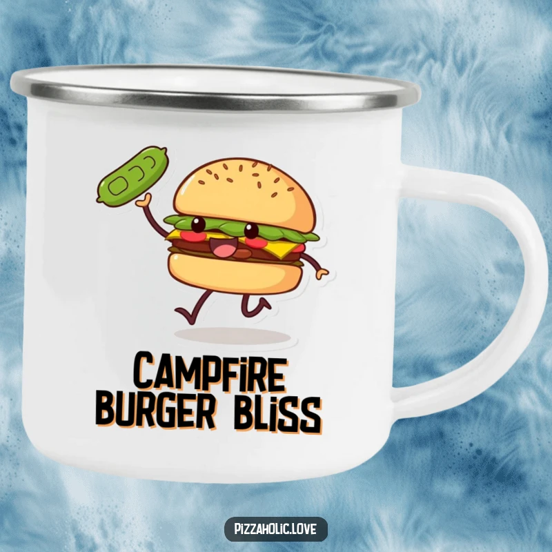 Funny Burger Skip Camping Mug: a smiling burger with small legs doing a joyful skip, tossing a pickle, ready for the outdoors.