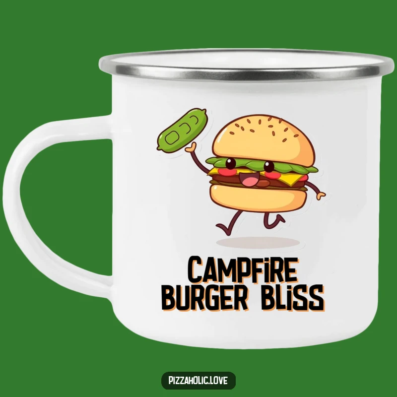 Funny Burger Skip Camping Mug: Smiling Patty, Pickle Toss, Adventure Gift