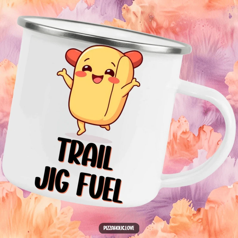 Funny camping mug with a smiling hot dog in a bun doing a joyful jig, great for your next outdoor adventure.