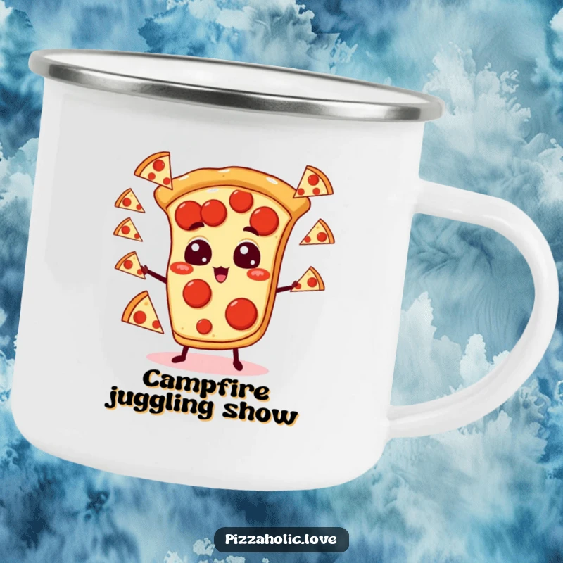 Funny pizza camping mug with a pepperoni pizza slice character juggling small pizzas, ready for any outdoor escapade with a smile.