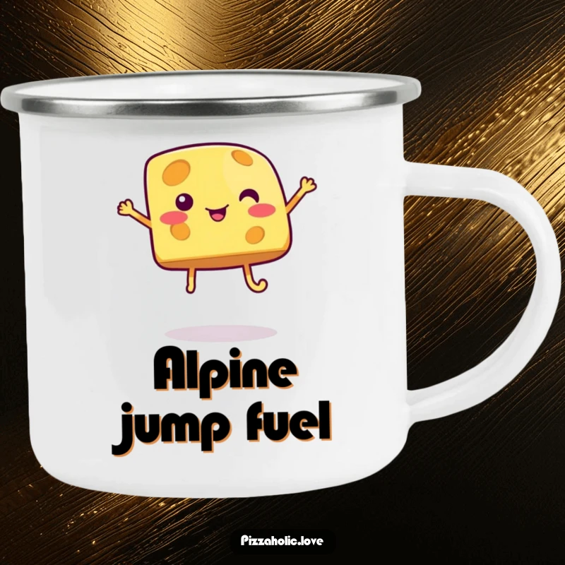 Funny cheese camping mug with a bubbly cartoon cheese piece with legs jumping, ready for outdoor fun and cheerful sips.