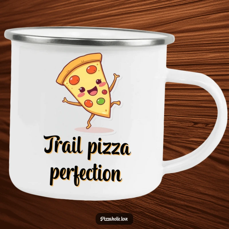 Funny Pizza Cartwheel Camping Mug: Smiling pizza slice with tiny legs doing a cartwheel, durable for outdoor use, funny gift.