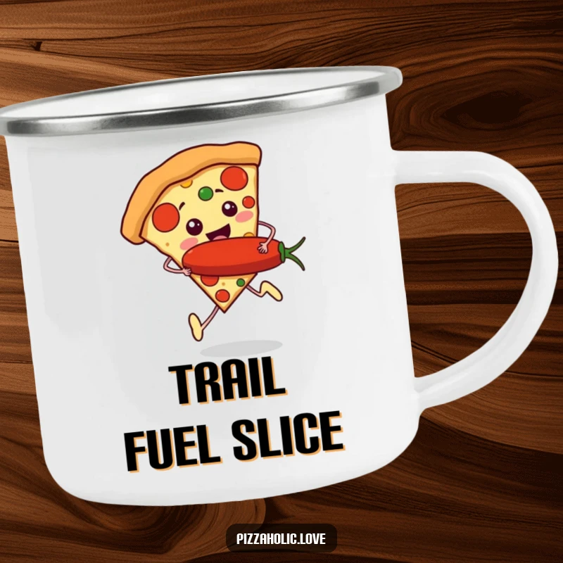 Funny Pizza Runner Camping Mug: a slice of pizza with tiny feet running excitedly, holding a giant pepperoni, ready for camping.