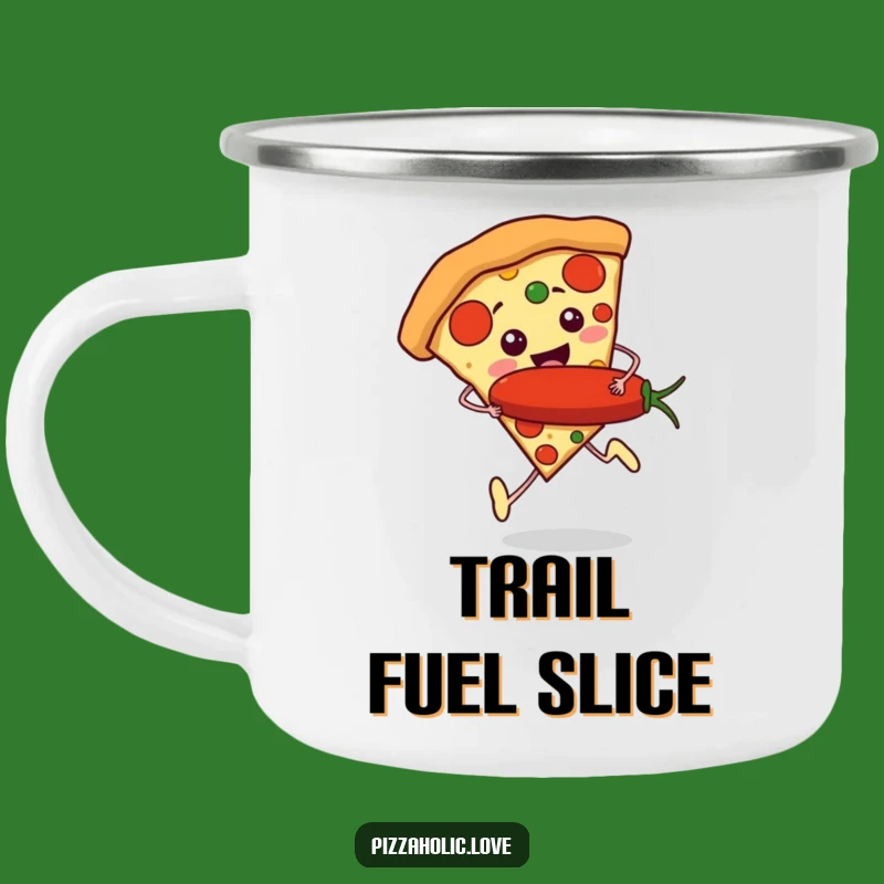 Funny Pizza Runner Camping Mug: Excited Slice, Pepperoni Adventure, Outdoor Gift