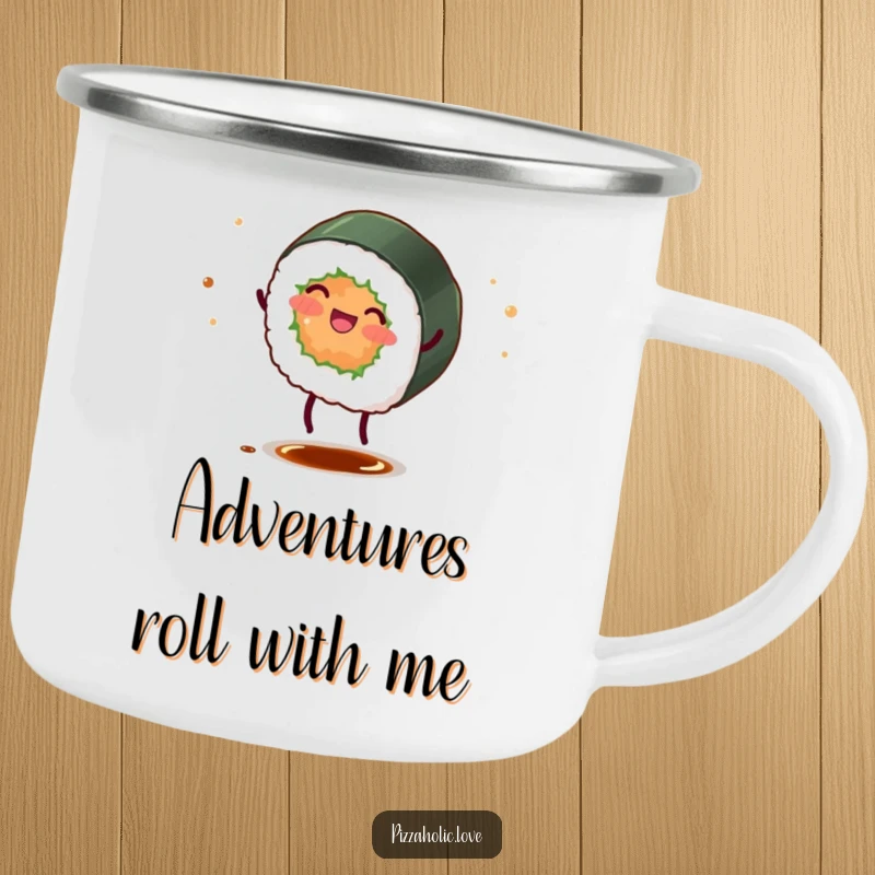 Funny sushi roll camping mug with tiny legs doing a cartwheel, scattering soy sauce.