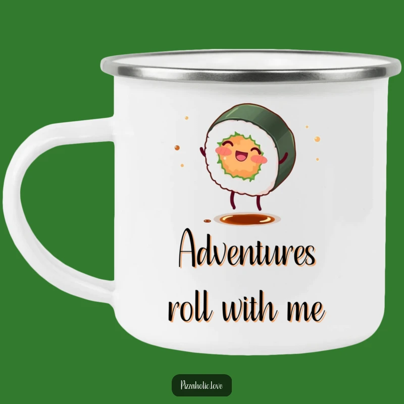 Funny Sushi Roll Cartwheel Camping Mug: Outdoor Adventures with a Hilarious Twist