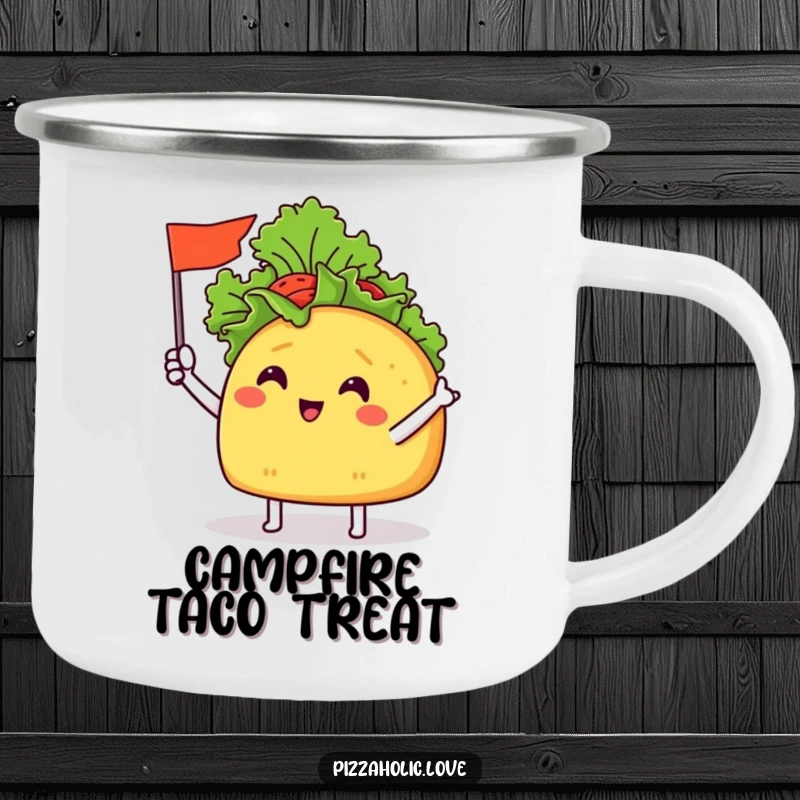 Funny Taco Flag Camping Mug: a cheerful taco with tiny arms waving a miniature flag made of lettuce, ready for the outdoors.