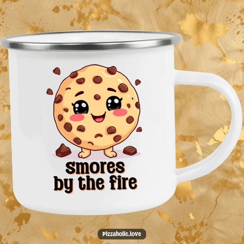 Funny Cookie Juggling Camping Mug: Cookie with a cheesy grin juggling chocolate chips, durable for outdoor use, funny gift.