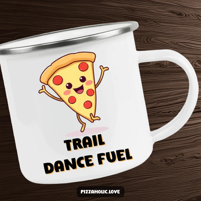 Funny pizza camping mug showing a smiling pizza slice with wiggly legs dancing joyfully, perfect for outdoor adventures and cheerful mornings.
