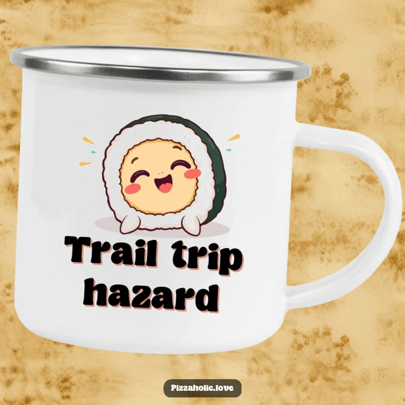 Funny sushi camping mug with a smiling sushi piece in a comical pratfall, ready for outdoor fun and cheerful sips.
