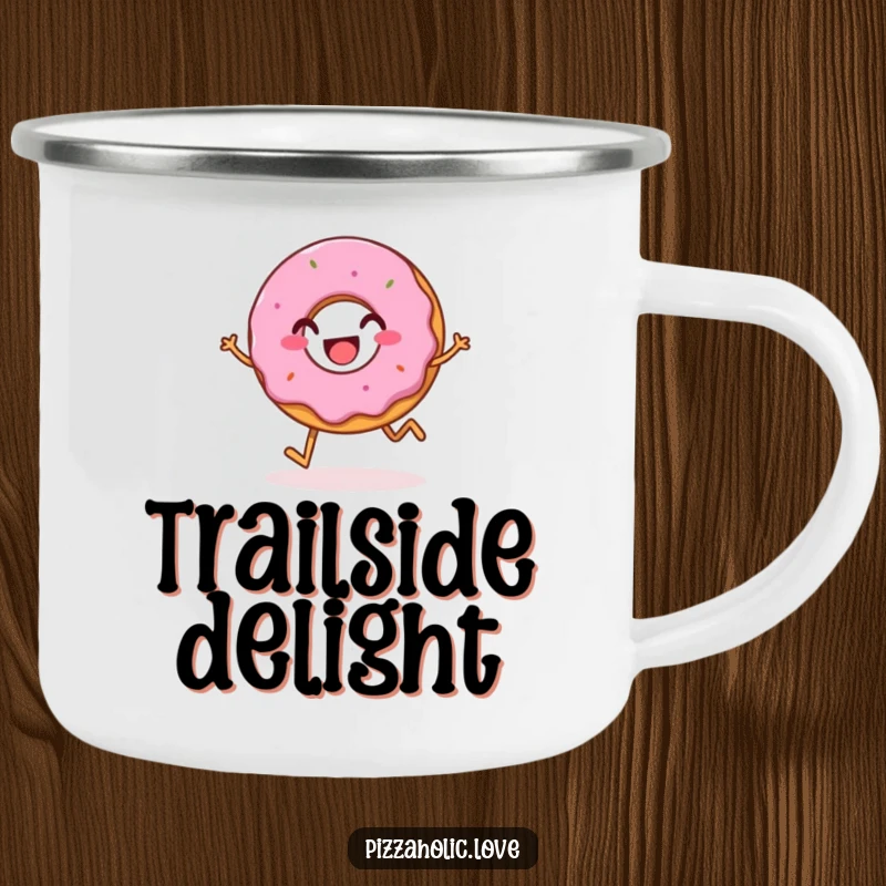 Funny camping mug featuring a bubbly, happy donut with a grin, hopping merrily, ready for outdoor adventures.