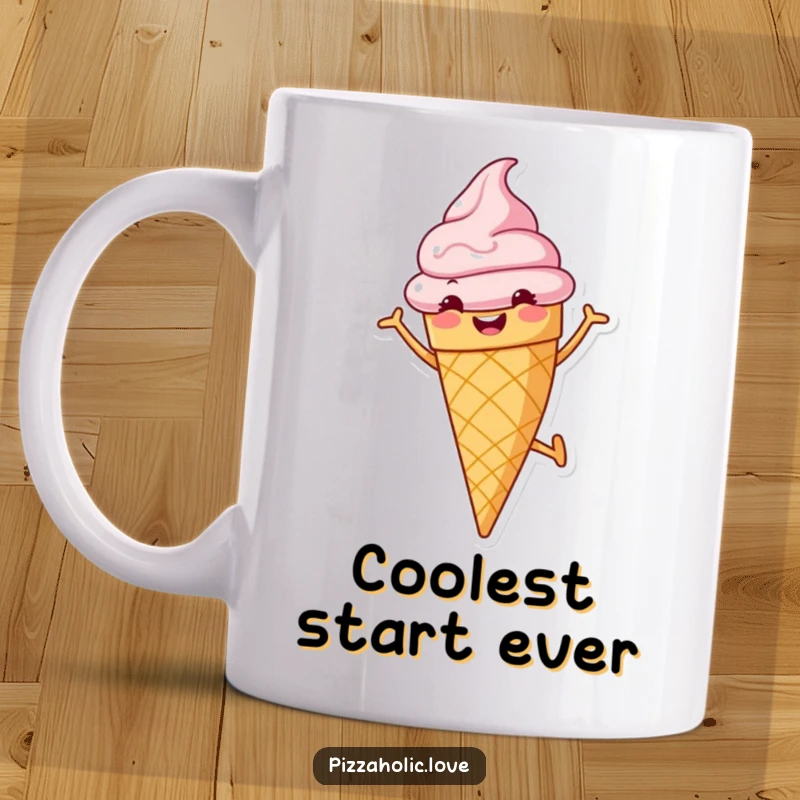 Funny mug featuring a cheerful ice cream cone with a grin, caught in the act of doing a cartwheel, full of sweet energy.