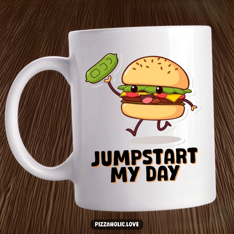 Funny Burger Skip Mug: a smiling burger with small legs doing a joyful skip, tossing a pickle, radiating happiness.