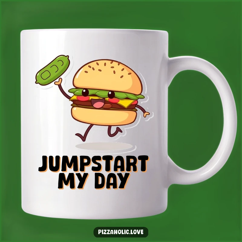 Funny Burger Skip Mug: Smiling Patty Tossing Pickle, Perfect Foodie Gift