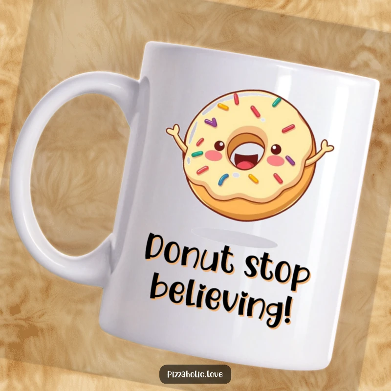 Funny Cheerful Donut Mug: A happy donut with sprinkles, bouncing energetically, full of joy, great funny gift.