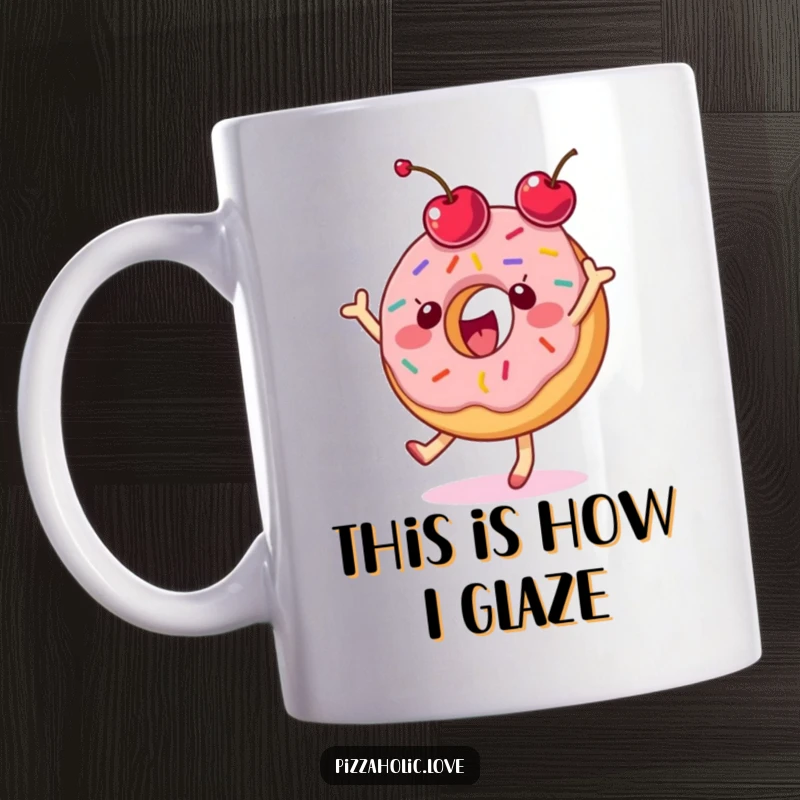 Funny donut mug with sprinkles dancing gleefully and tossing a cherry with a happy expression.