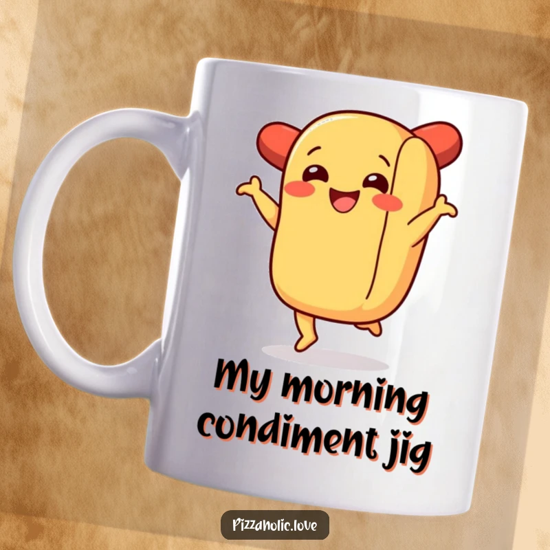 Funny mug with a happy hot dog in a bun doing a lively jig, spreading pure joy and silliness for any occasion.