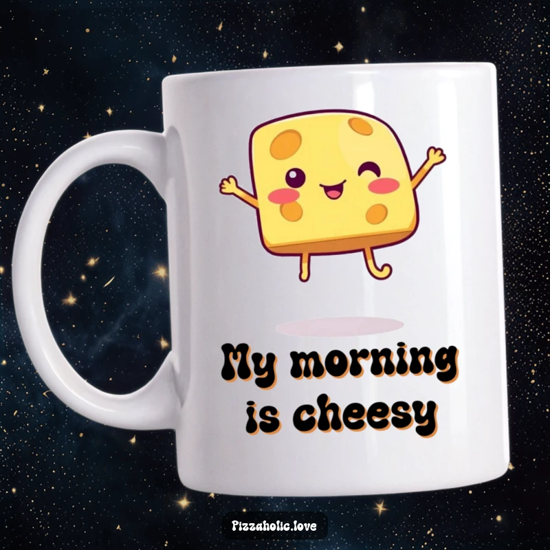Funny cheese mug with a bubbly cartoon cheese piece on legs joyfully jumping in the air, radiating pure, cheesy happiness.