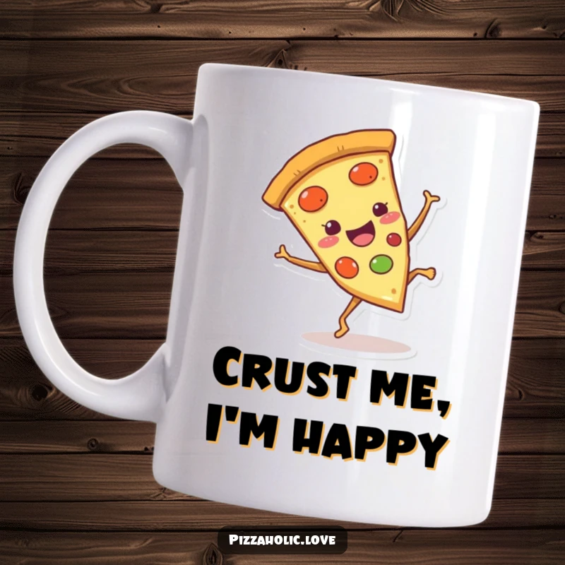 Funny Pizza Cartwheel Mug: Smiling pizza slice with tiny legs doing a cartwheel, full of joy and energy, great funny gift.