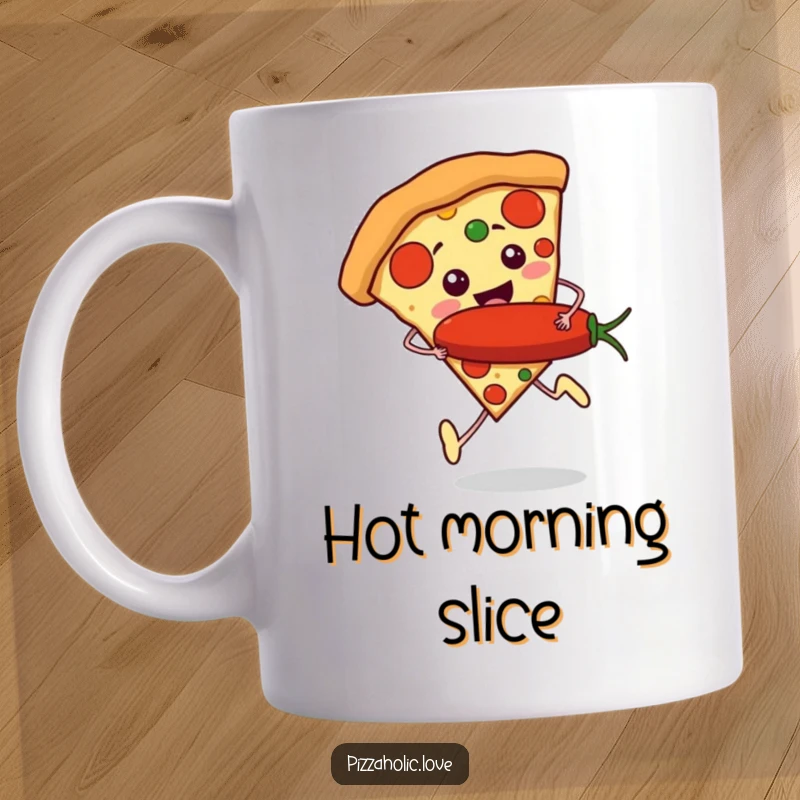 Funny Pizza Runner Mug: a slice of pizza with tiny feet running excitedly, holding a giant pepperoni, on a mission for deliciousness.