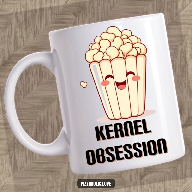 Funny mug featuring a bubbly, happy bag of popcorn with a grin, popping with delight, radiating pure snack joy.
