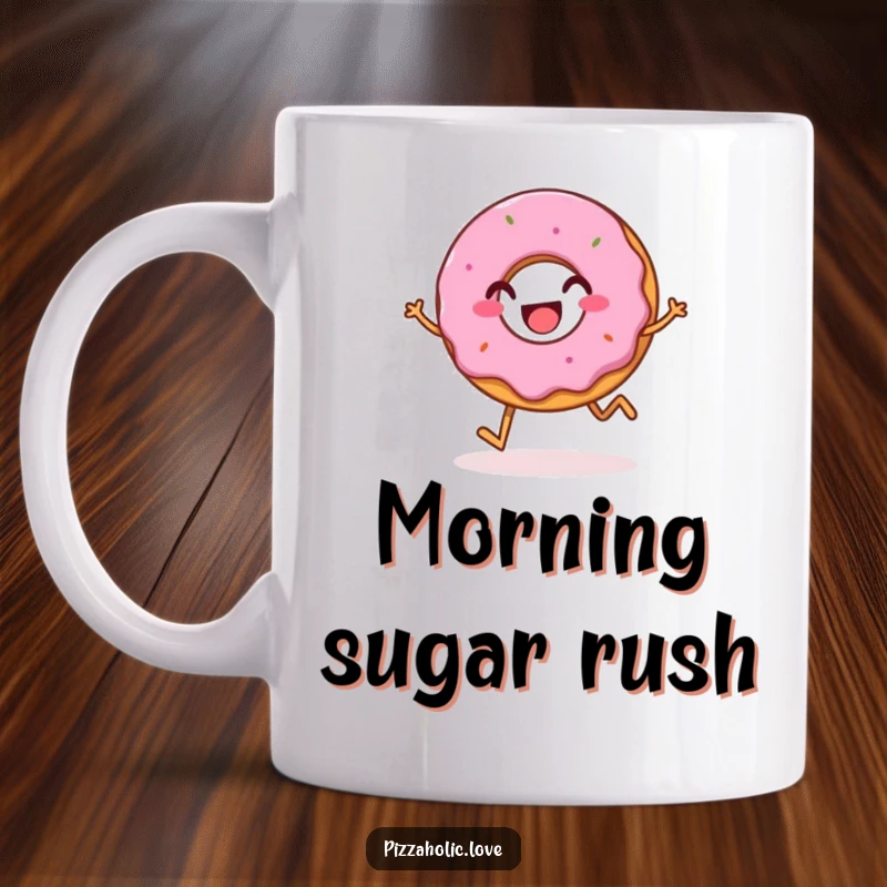 Funny mug featuring a bubbly, happy donut with a grin, hopping merrily, radiating pure sugary delight and happiness.