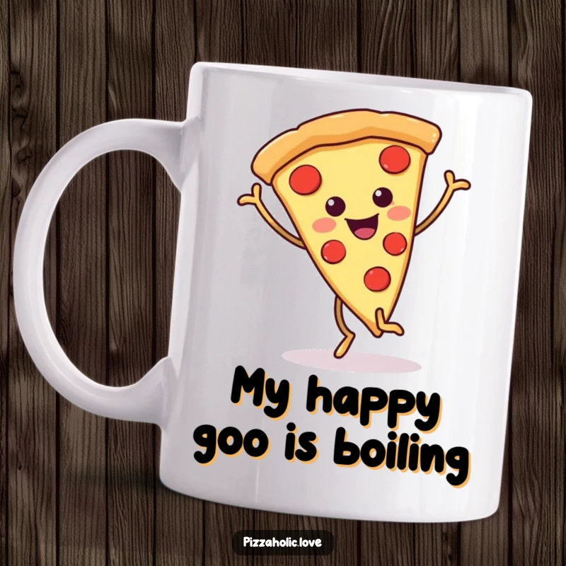 Funny pizza mug with a smiling pizza slice on wiggly legs happily dancing with pure joy, bringing a burst of happiness.